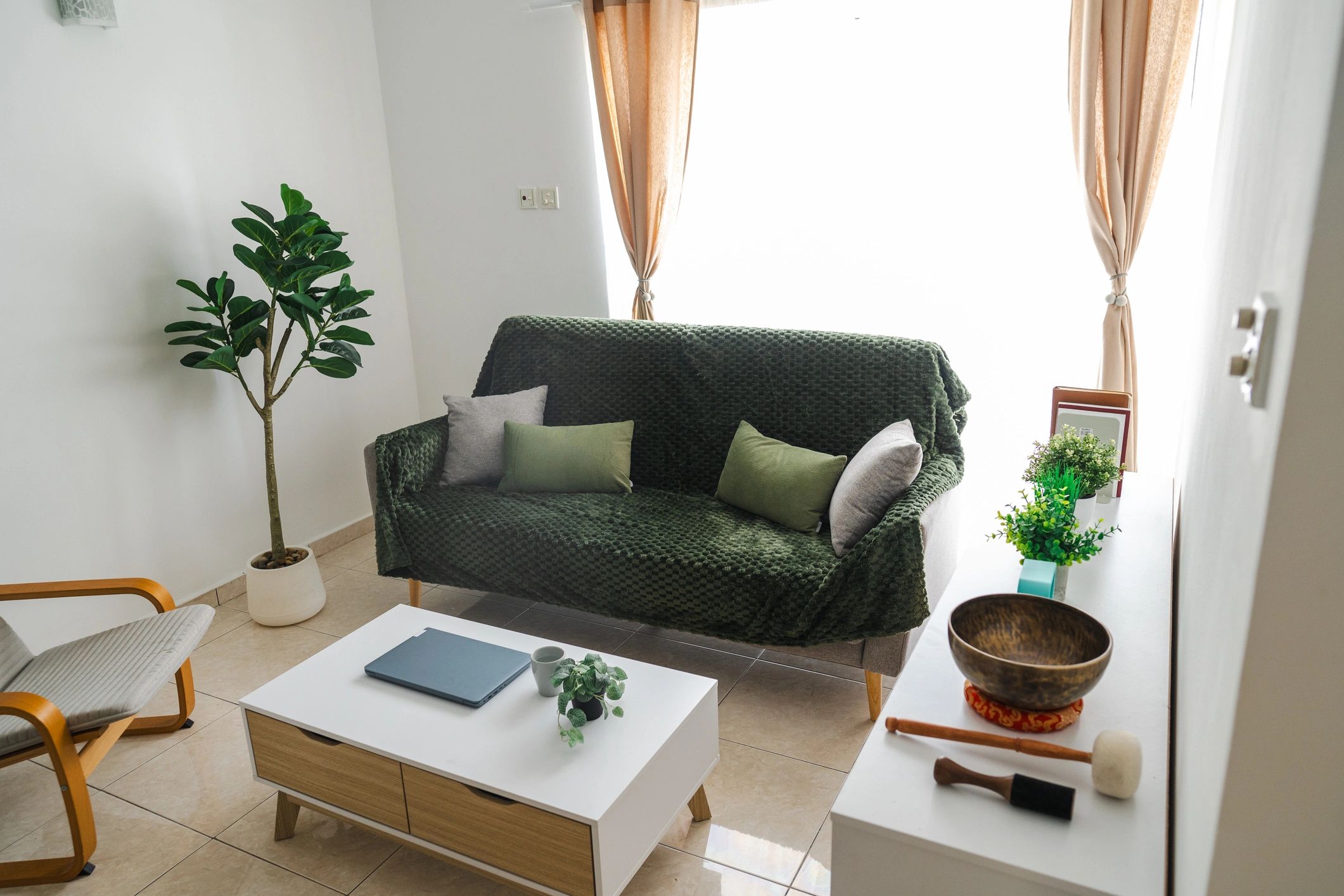 Residential living room with green sofa