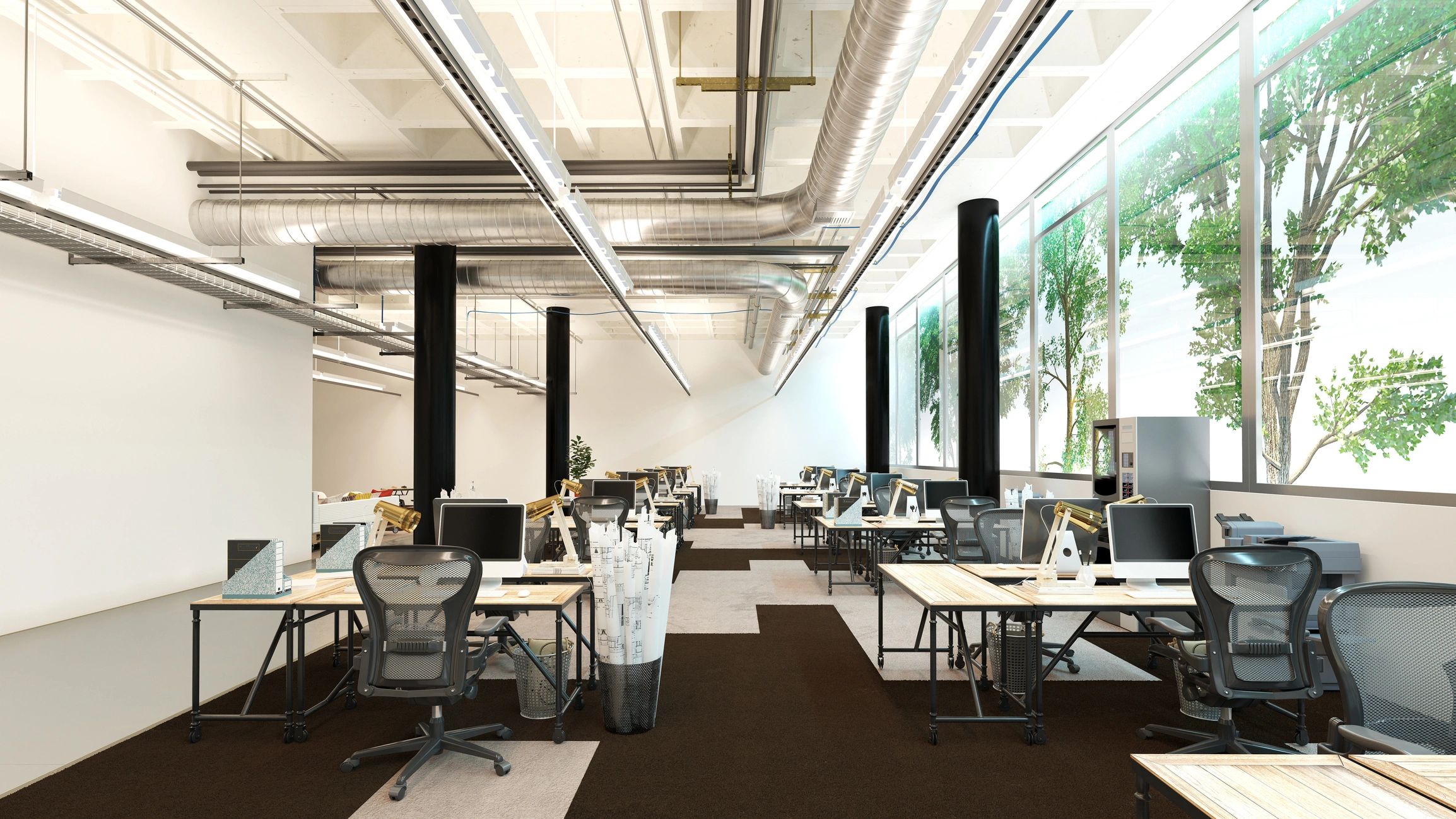Rendered interior workspace showing design and planning environment